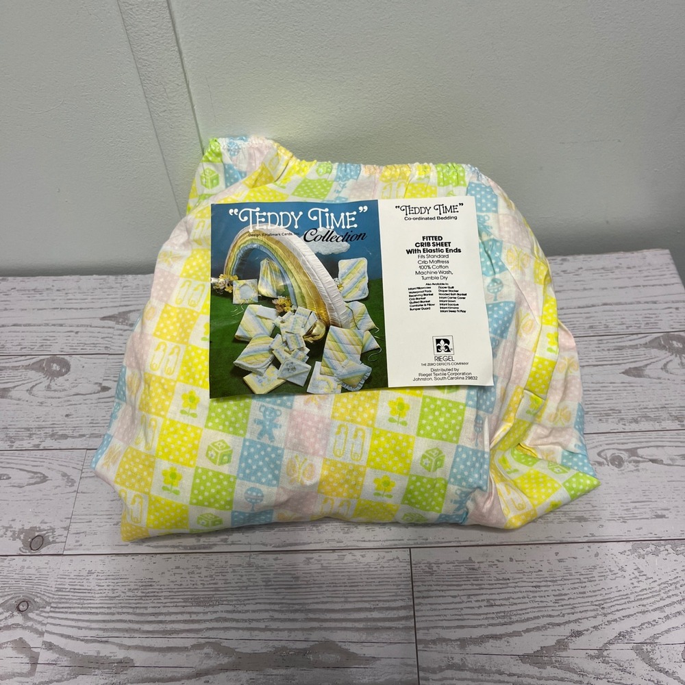 Vintage Riegel Teddy Time Hallmark Fitted Crib Sheet Pastel Patchwork Cotton